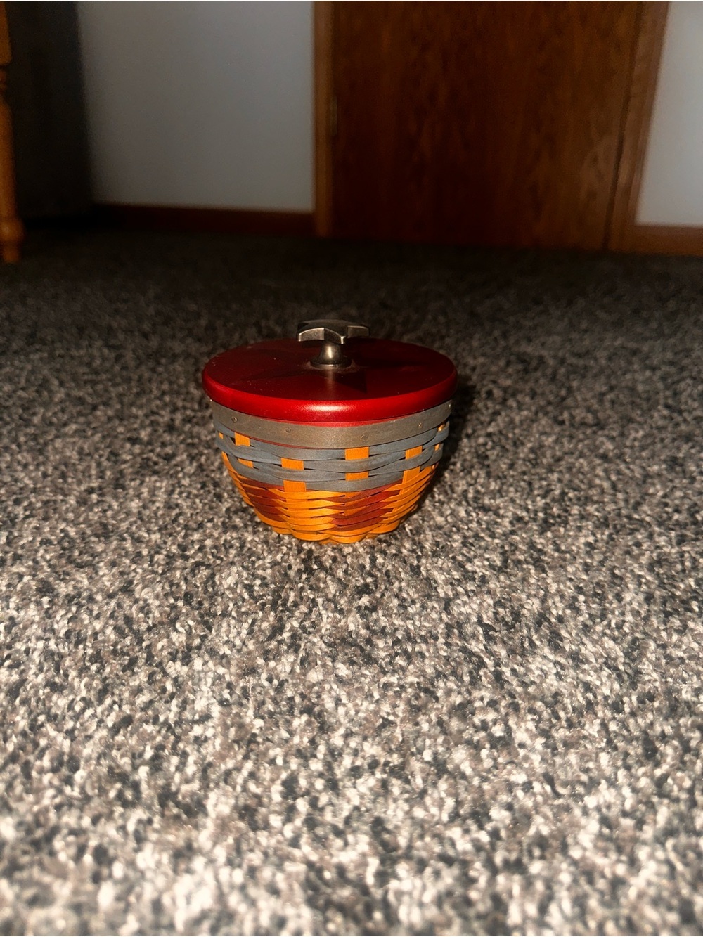 Longaberger Red Metal Lid Woven Orange & Gray Trinket Jar